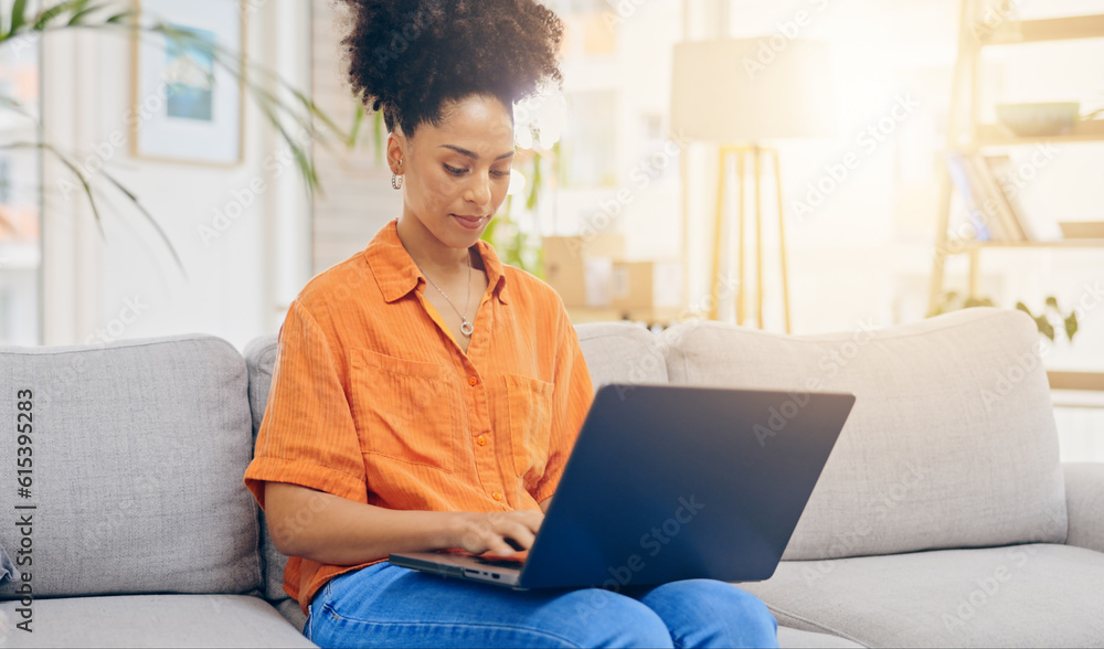 Laptop, thinking and woman typing on sofa in home living room, working or social media. Computer, remote worker and happy mixed race person or freelancer writing email, research or online browsing. Laptop, thinking and woman typing on sofa in home living room, working or social media. Computer, remote worker and happy mixed race person or freelancer writing email, research or online browsing.