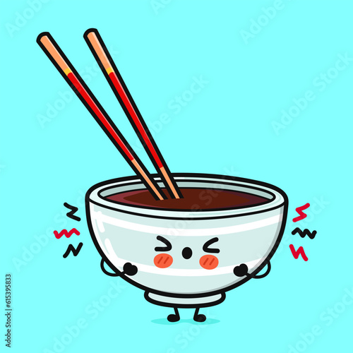 Angry Bowl of soy sauce character. Vector hand drawn cartoon kawaii character illustration icon. Isolated on blue background. Sad Bowl of soy sauce character concept