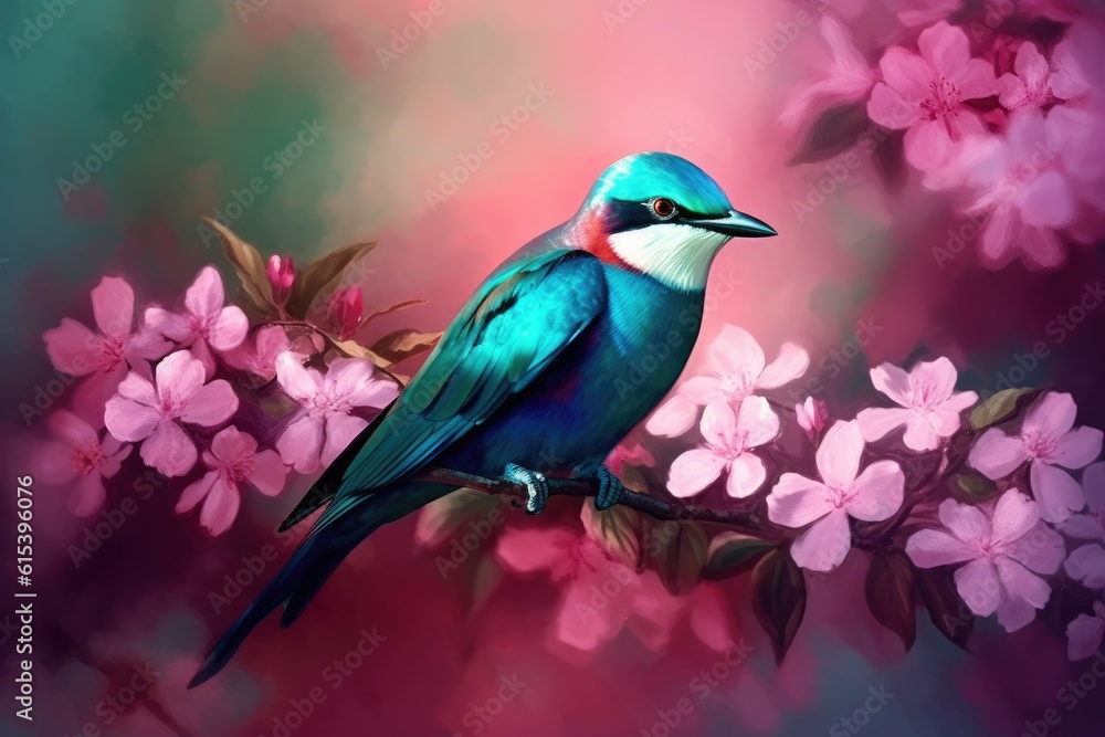 Beautiful small bird perched on a branch with pink flowers. Generative AI Beautiful small bird perched on a branch with pink flowers. Generative AI