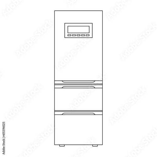 The icon of a modern three-chamber refrigerator with freezers on a white background.