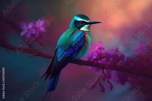 Beautiful small bird perched on a branch with pink flowers. Generative AI © Gelpi