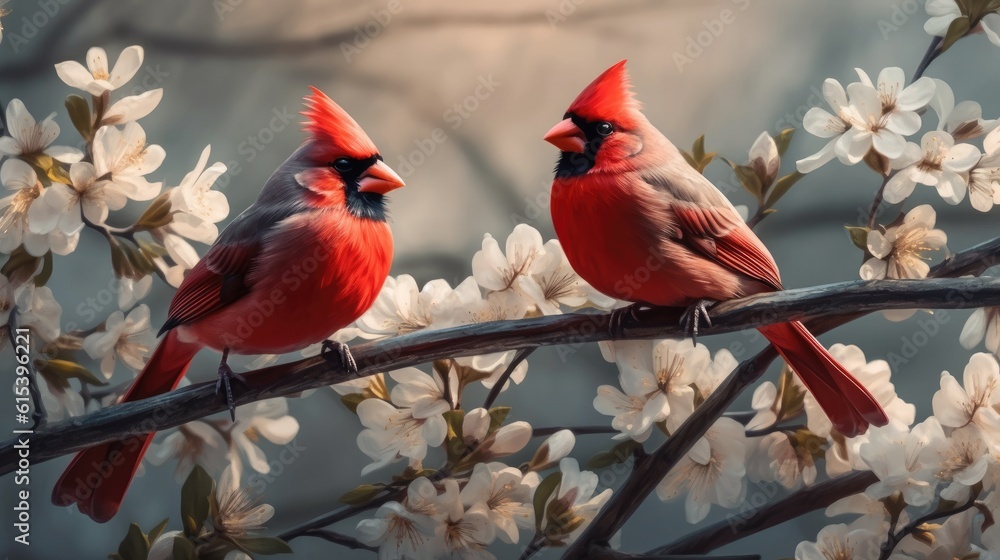 Two charming birds standing on cherry blossom tree branch together. Generative AI Two charming birds standing on cherry blossom tree branch together. Generative AI
