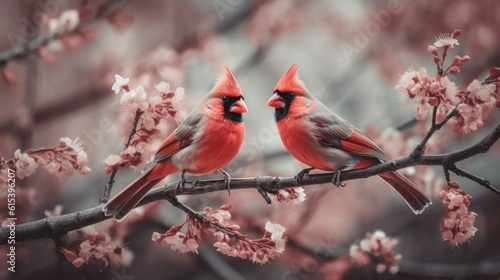 Two charming birds standing on cherry blossom tree branch together. Generative AI © Gelpi