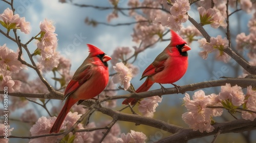 Two charming birds standing on cherry blossom tree branch together. Generative AI