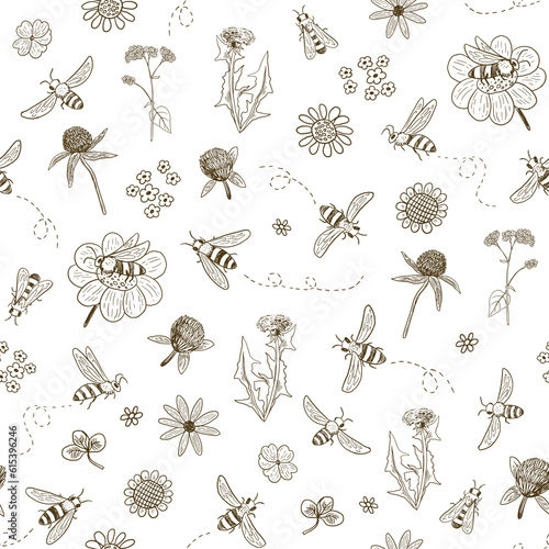 Bees, flowers and herbs vector seamless pattern.