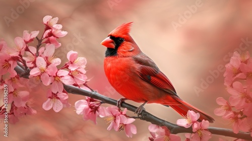 Charming bird standing on cherry blossom tree branch. Spring time. Generative AI
