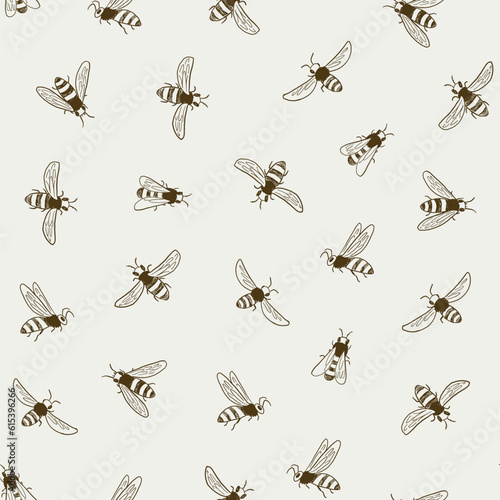 Bees flying vector seamless pattern.