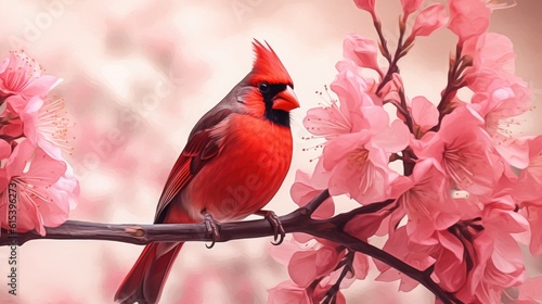 Charming bird standing on cherry blossom tree branch. Spring time. Generative AI