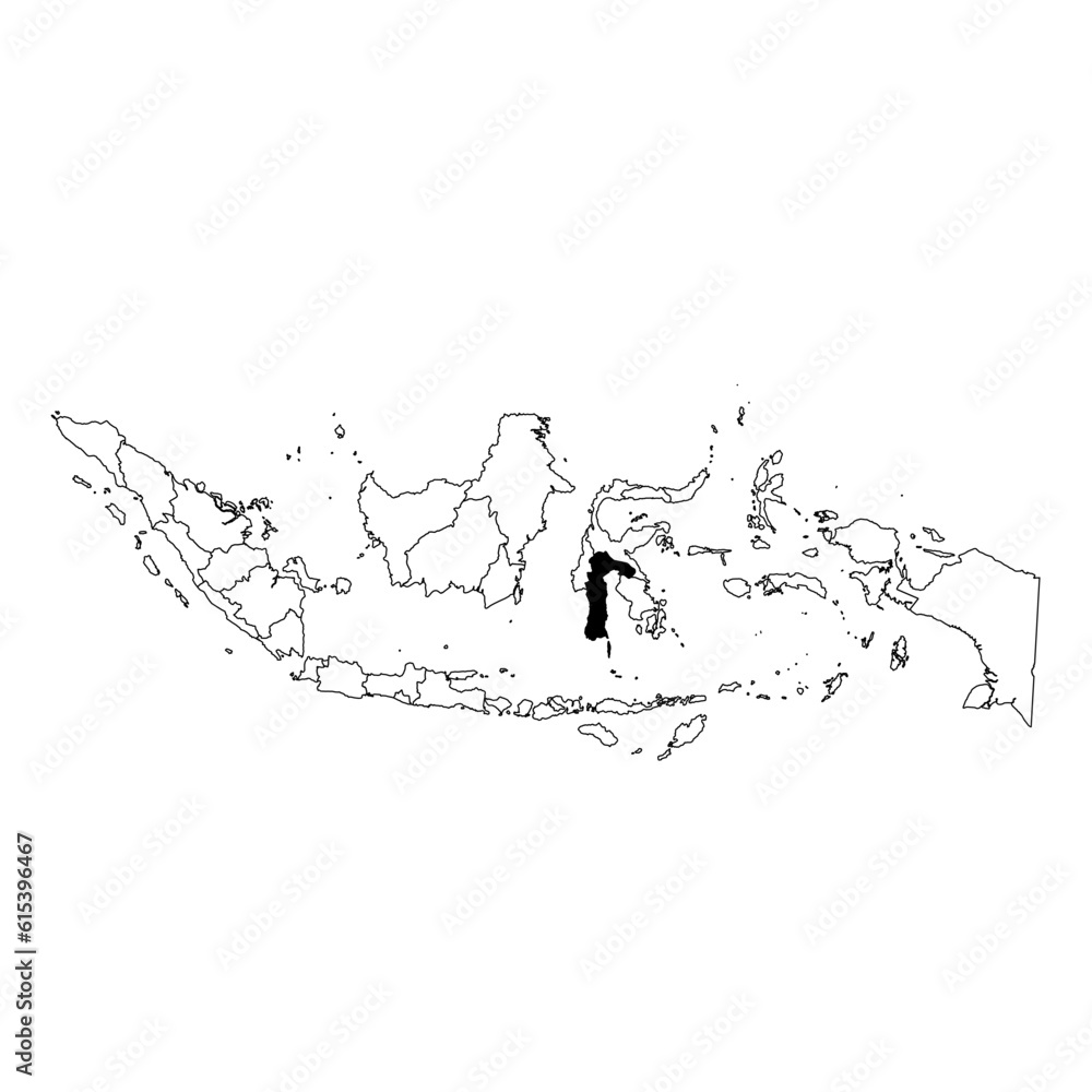 Vector map of the province of Sulawesi Selatan highlighted highlighted in black on the map of Indonesia. Vector map of the province of Sulawesi Selatan highlighted highlighted in black on the map of Indonesia.