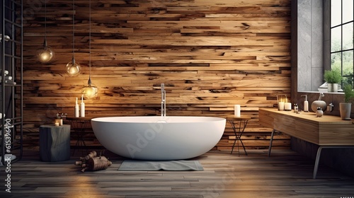 Bathroom interior with wooden walls  wooden floor and comfortable white bathtub
