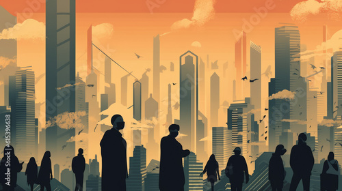 Illustration of a cityscape engulfed in smog with people wearing masks and struggling to breathe amidst the polluted atmosphere