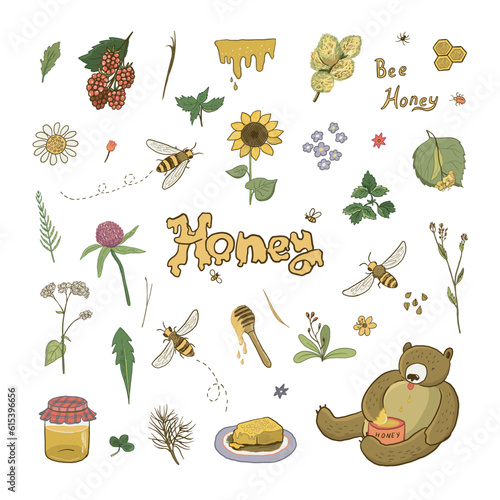 Bees, honey and bears vector illustraions set. photo