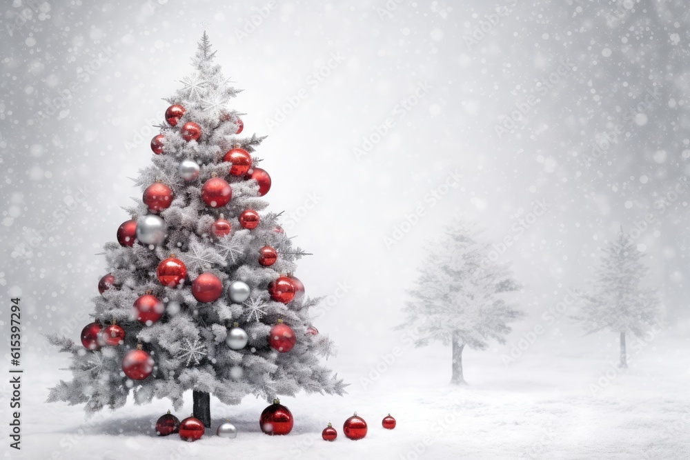 Obraz premium a christmas tree with white snow and decorations, with red and silver balls. Merry Christmas and Happy Holidays greeting card, frame, banner. New Year. Winter xmas holiday theme