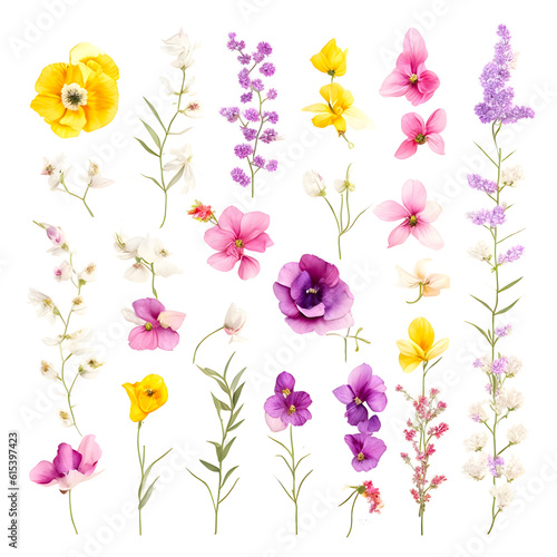 Minimalist elements for watercolour flowers set on transparent background,generative ai