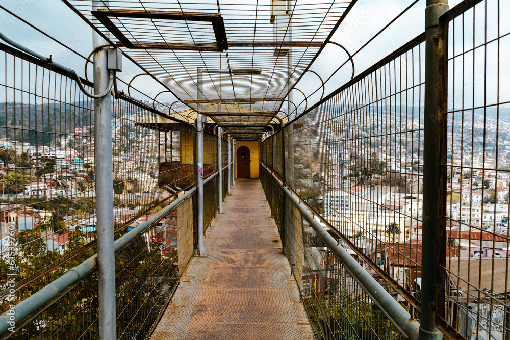 walkway above the colorful houses in Valparaiso in Chile walkway above the colorful houses in Valparaiso in Chile