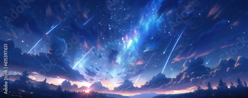 Heavenly sky. Sky of shooting stars, meteor shower, wide format background illustration. Space spectacle. Hand edited generative AI. 