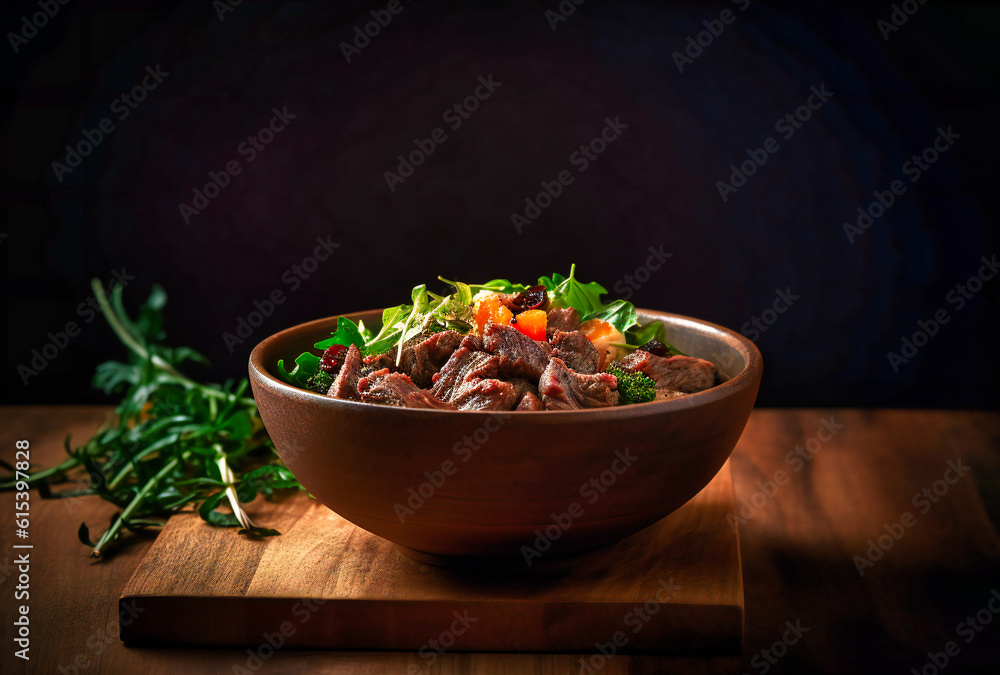 a bowl with beef in it sitting on top of another bowl a bowl with beef in it sitting on top of another bowl