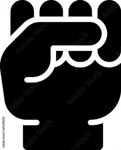 Raised fist black glyph icon. Gesture of protest and resistance. Sign of political solidarity. Strength and power. Silhouette symbol on white space. Solid pictogram. Vector isolated illustration