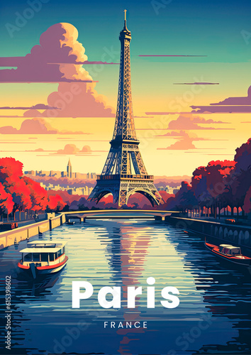 Paris, Eiffel Tower, and the Seine River. A retro-style poster with a colorful illustration of the Eiffel Tower, generative AI