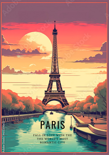 Paris, Eiffel Tower, and the Seine River. A retro-style poster with a colorful illustration of the Eiffel Tower, generative AI