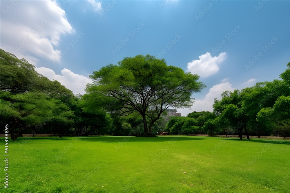 Green tree in a beautiful park garden under blue sky Green tree in a beautiful park garden under blue sky