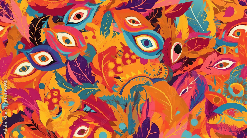 Seamless pattern background inspired by the vibrant and lively aesthetics of carnival celebrations with masks confetti and festivity Seamless pattern background inspired by the vibrant and lively aesthetics of carnival celebrations with masks confetti and festivity