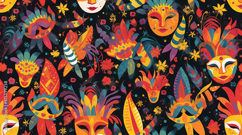 Seamless pattern background inspired by the vibrant and lively aesthetics of carnival celebrations with masks confetti and festivity