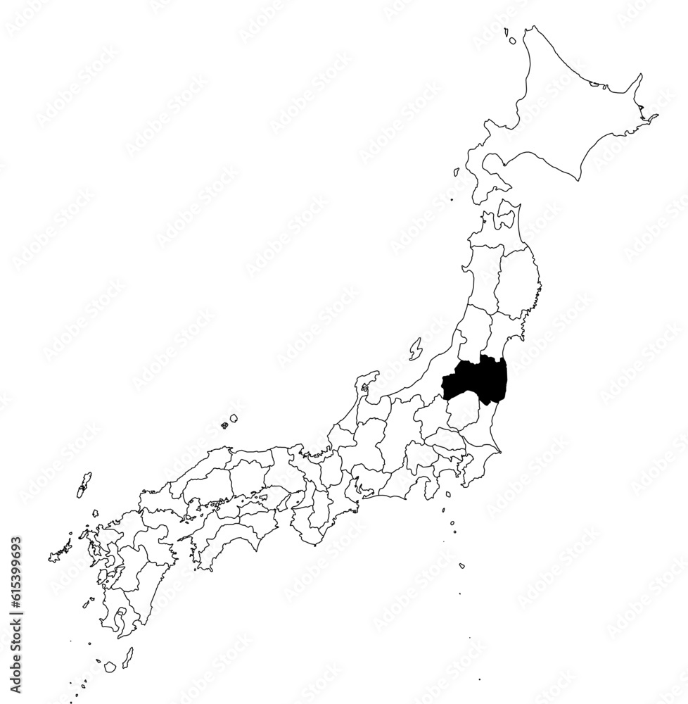 Vector map of the prefecture of Fukushima highlighted highlighted in black on the map of Japan.