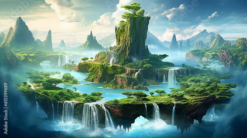 Illustration image depicting a majestic landscape where the sky is adorned with floating islands with green nature and beautiful waterfalls