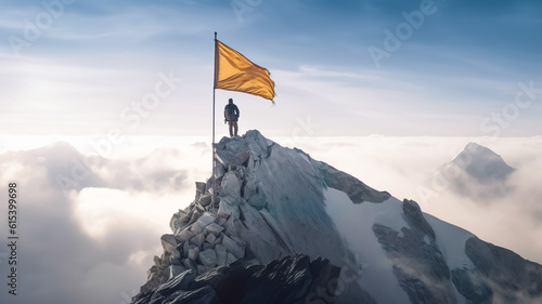 Goal to success or human performance with person climbing and  raising flag on everest mountain peak.inspiration and motivation.generative ai technology