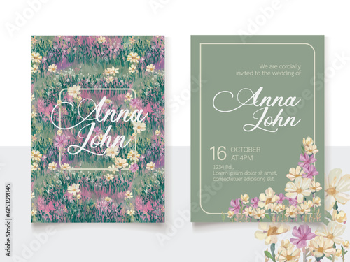 Hand drawn colorful wildflower in the garden flowers, concept wedding invitation card, colorful spring floral invitation card.