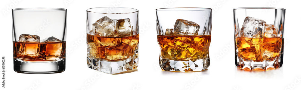 Set of glass of whiskey or whisky or american Kentucky bourbon with its reflection on the plane. isolated on transparent
