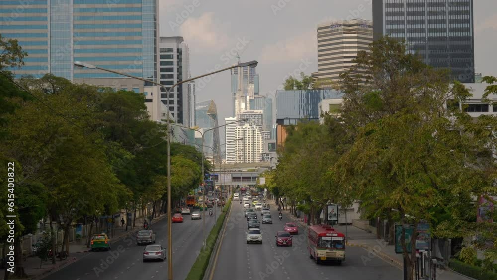 bangkok city center traffic street famous downtown view walking bridge slow motion panorama 4k thailand bangkok city center traffic street famous downtown view walking bridge slow motion panorama 4k thailand