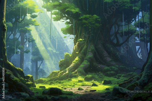 Generative AI. anime style fantasy forest background