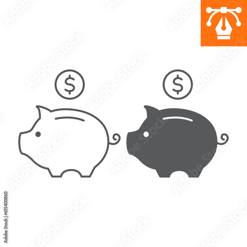 Piggy bank line and solid icon, outline style icon for web site or mobile app, coin and dollar , save money vector icon, simple vector illustration, vector graphics with editable strokes.