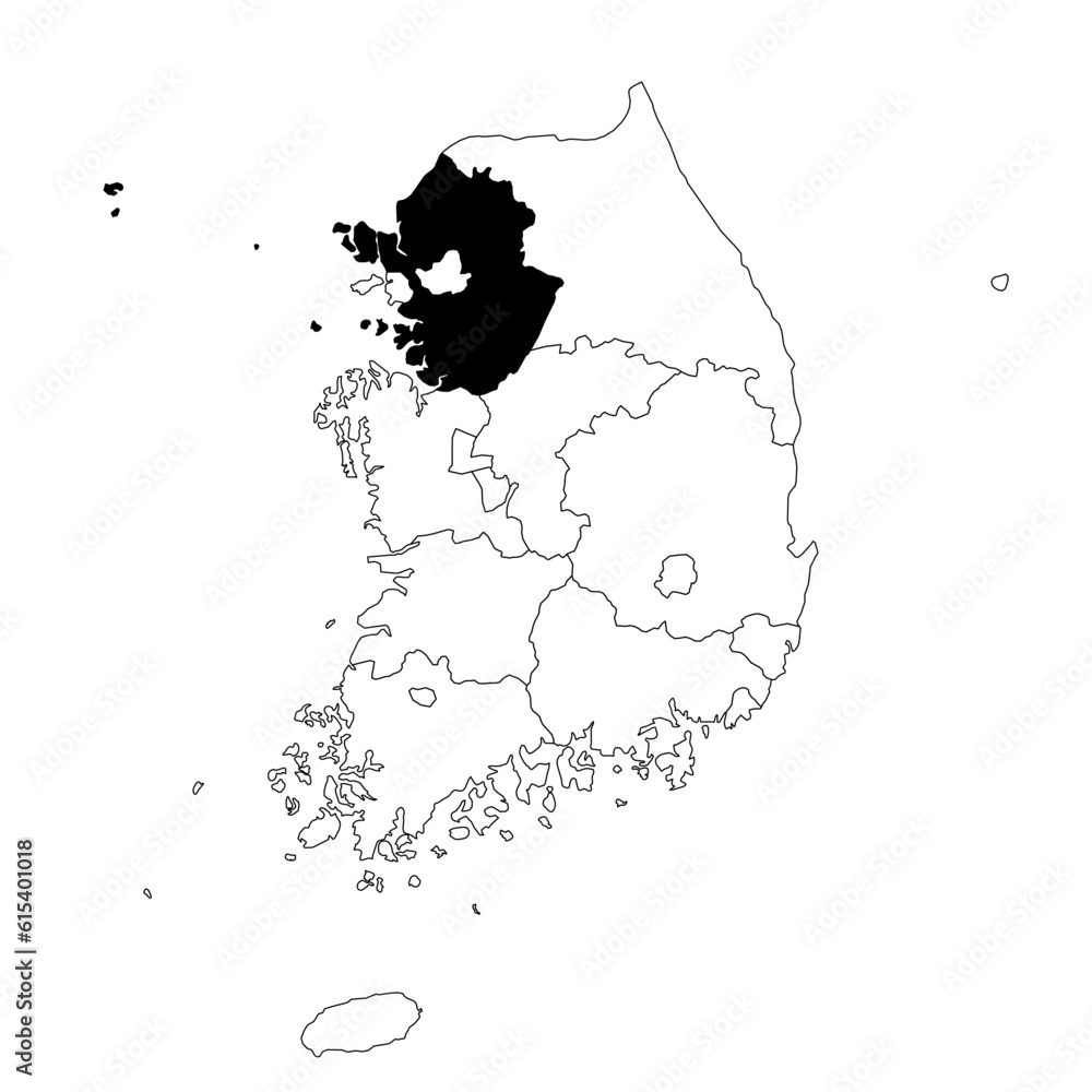 Vector map of the province of Gyeonggi highlighted highlighted in black on the map of South Korea. Vector map of the province of Gyeonggi highlighted highlighted in black on the map of South Korea.