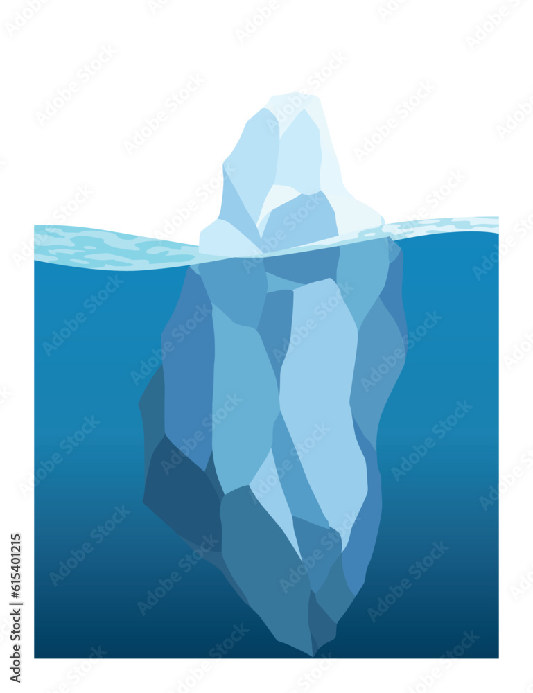 Iceberg floating in water. Arctic glacier. Futuristic polygonal illustration on blue background. Huge white block of ice drifts with massive underwater part