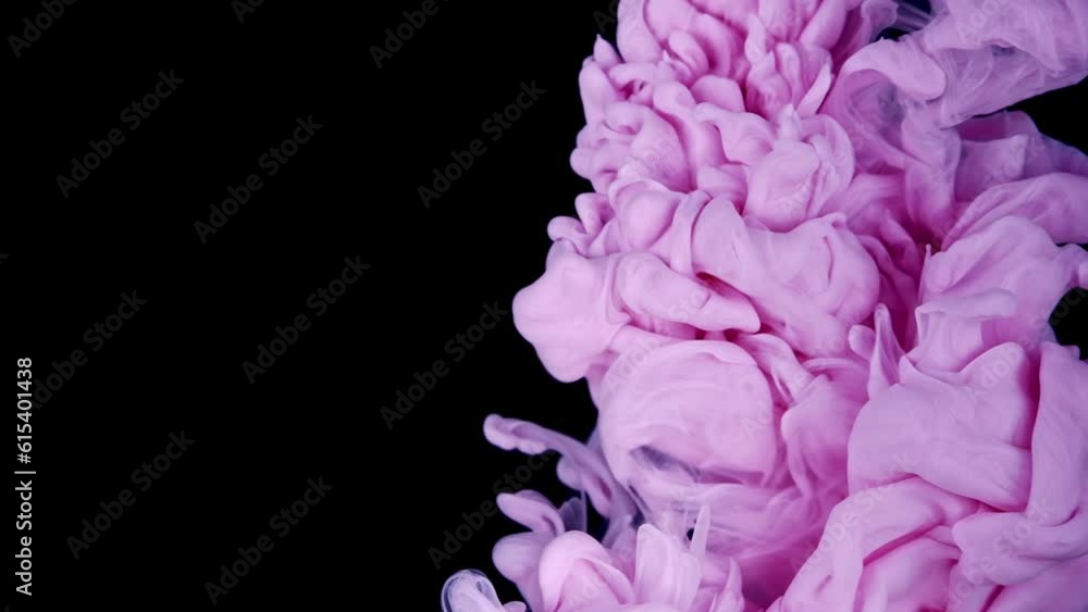 Artistic Water Ripples: Slow Motion of Pink Paint Drops Creating Soft Colors on Black Background Artistic Water Ripples: Slow Motion of Pink Paint Drops Creating Soft Colors on Black Background