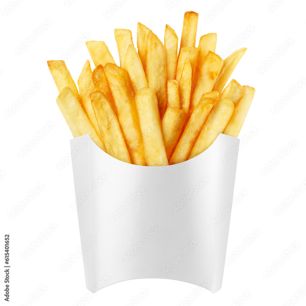 Delicious french potato fries in a white carton package box, cut out Delicious french potato fries in a white carton package box, cut out
