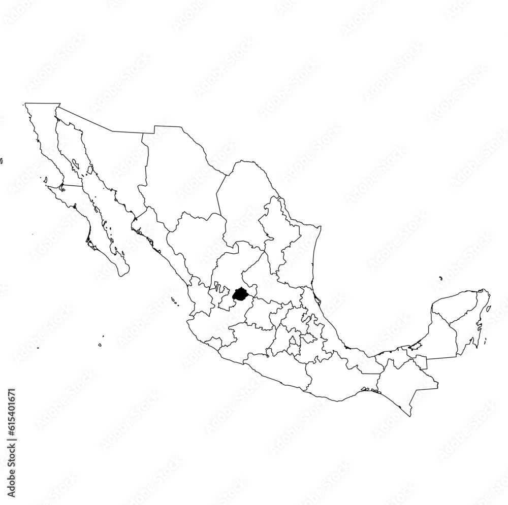 Vector map of the province of Aguascalientes highlighted highlighted in black on the map of Mexico.