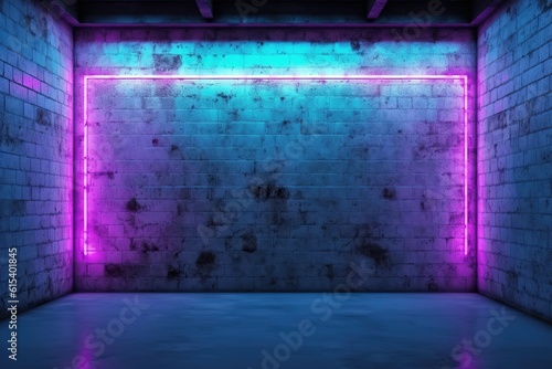 Vibrant violet and blue neon lights illuminate brick wall - futuristic technology & artistic flair composed in captivating indoor glow perfect mock-up/template with plenty of copy space!