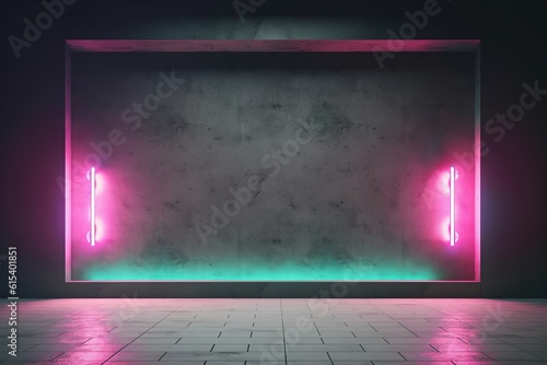 Glimmering nightscape: a mesmerizing magenta and purple neon light illuminating a concrete wall that offers copy space - a technological oasis of fluorescent glow copy space layout for text