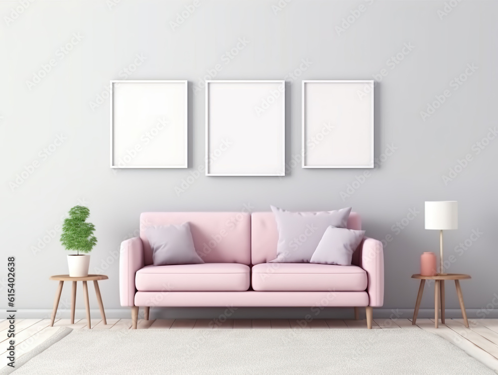 Obraz premium modern living room with sofa, 3 frames, mockup