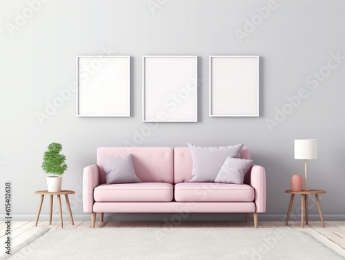 modern living room with sofa, 3 frames, mockup