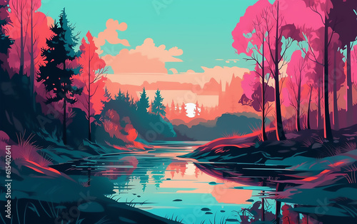 Analogous blue pink landscape with forest and river. Generative AI technology.