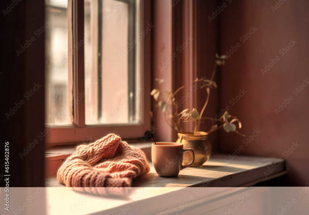 a pink sweater with a cup of coffee beside a window a pink sweater with a cup of coffee beside a window
