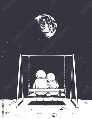 Enamored astronauts swinging on a seesaw at the Moon