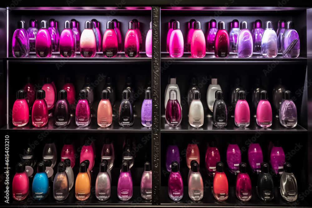 A collection of nail polish glass bottles is expertly arranged on a shelf, showcasing a captivating gradient of vibrant colors. Generative AI. A collection of nail polish glass bottles is expertly arranged on a shelf, showcasing a captivating gradient of vibrant colors. Generative AI.