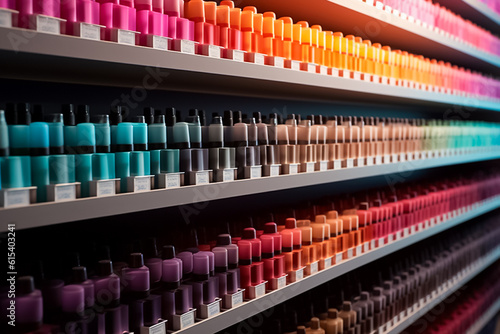 A collection of nail polish glass bottles is expertly arranged on a shelf, showcasing a captivating gradient of vibrant colors. Generative AI.