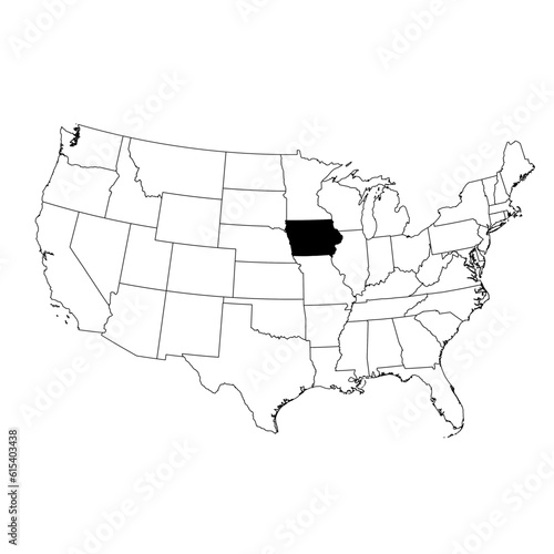 Vector map of the state of Iowa highlighted highlighted in black on the map of the United States of America.